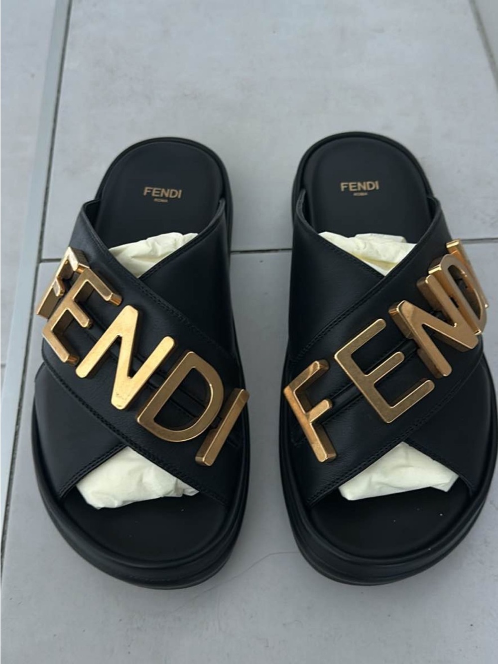 Fendi Black Leather Logo Slide Sandals with Gold Hardware